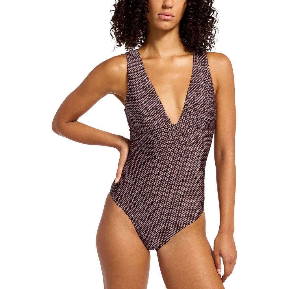 JETS Women Chocolate Graphic Plunge Neck Shine One-Piece Swimsuit Size US 4